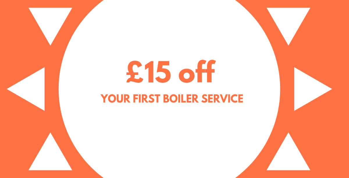 Promotional image offering £15 off your first boiler service from Lewington Heating, encouraging new customer bookings.