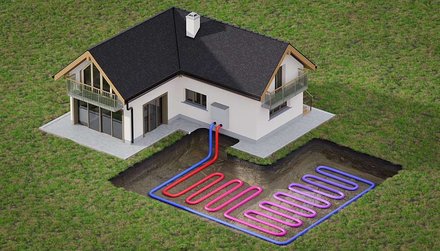 Diagram illustrating a ground source heat pump system with pipes installed beneath a modern house for efficient renewable heating.